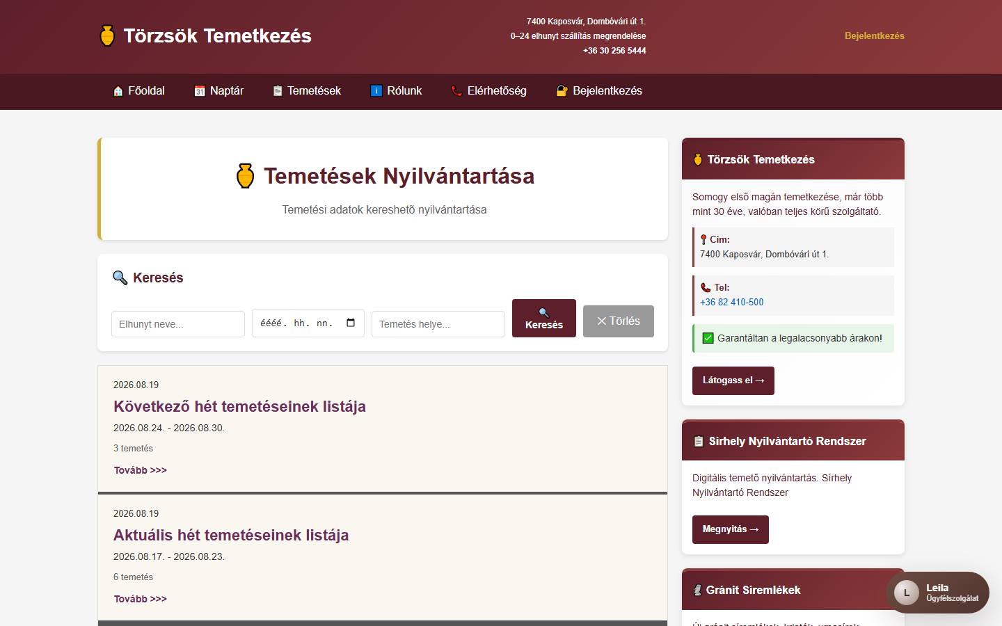 temeteseink.hu nyitóoldala